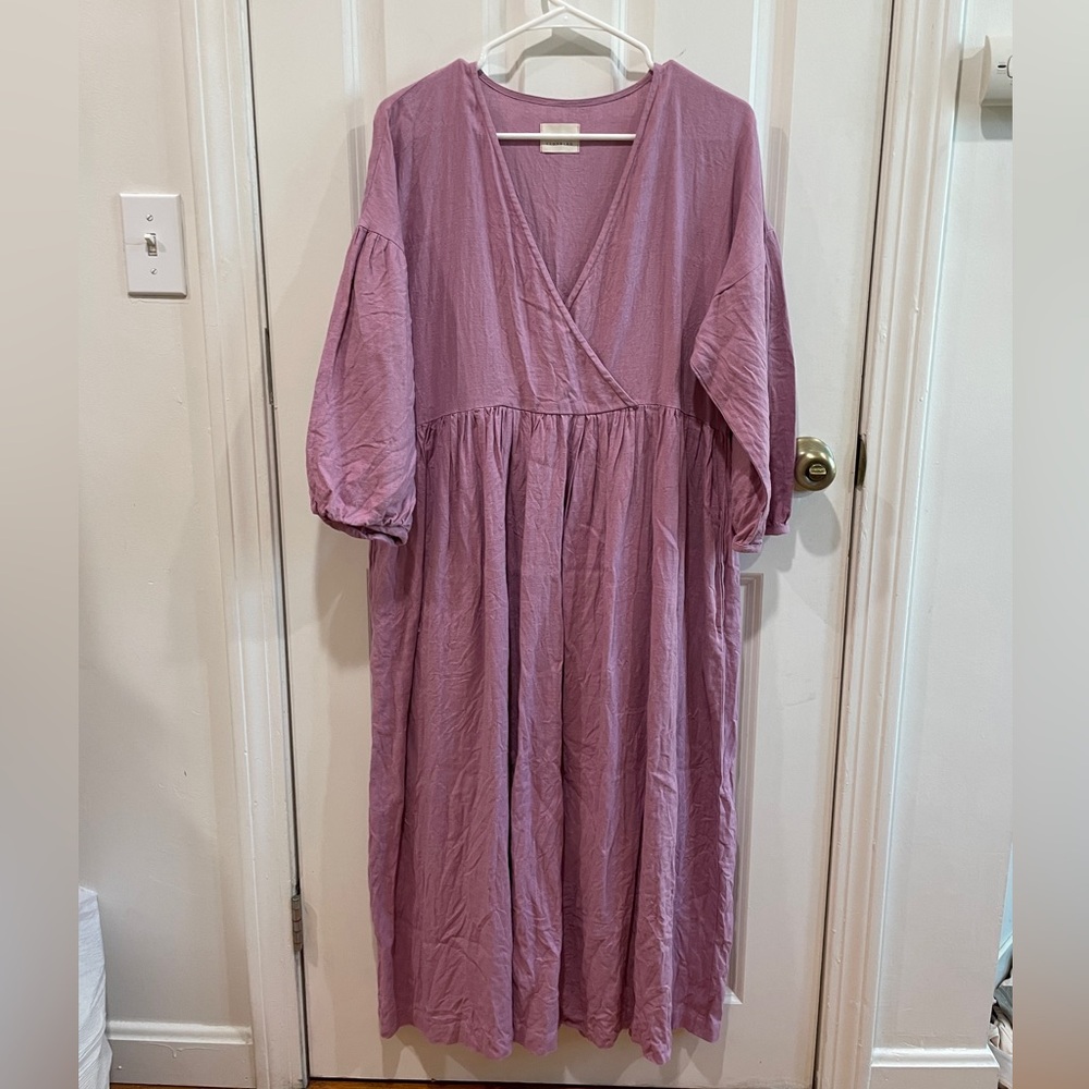 Linen V Neck Puff Sleeve Lilac/orchid Purple Midi Dress